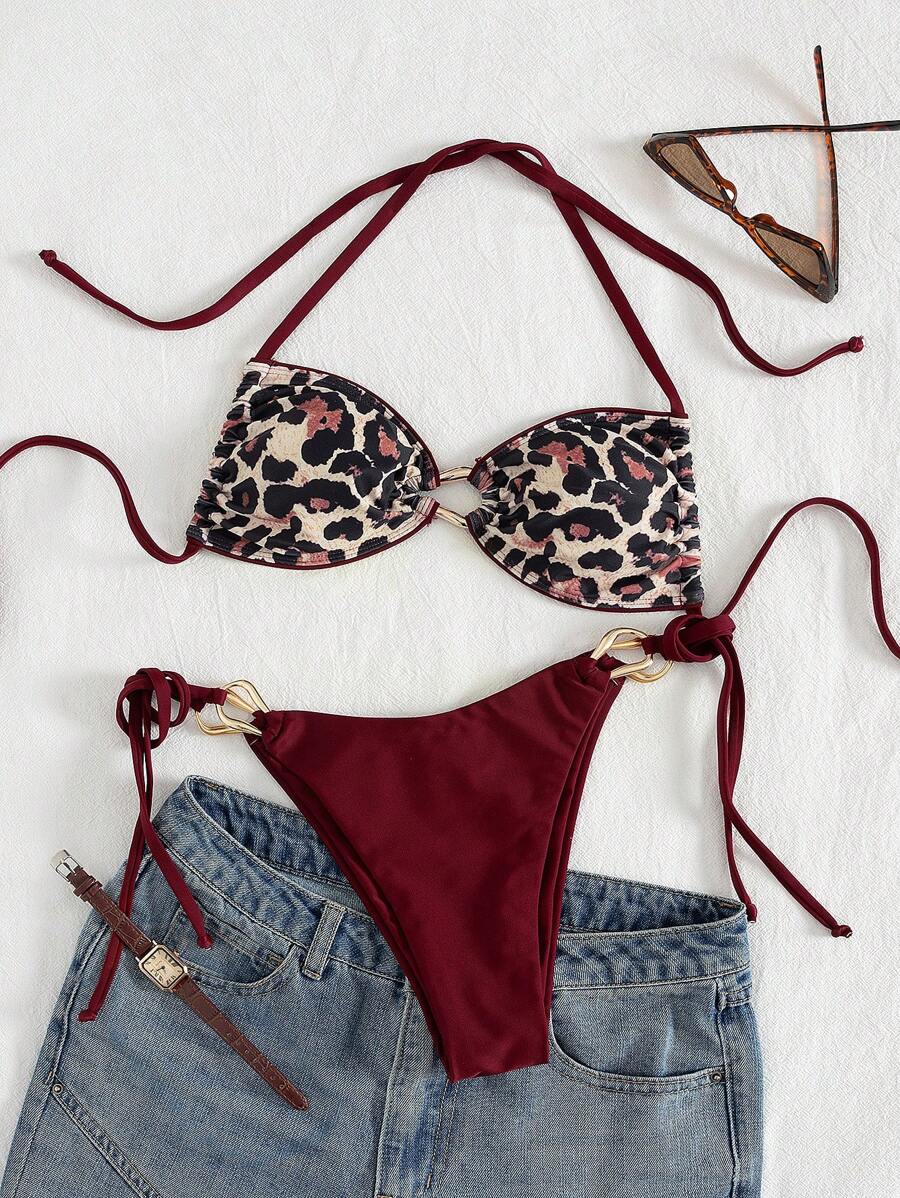 Swim Vcay Bộ bikini dây mảnh không dây họa tiết da báo gợi cảm cho nữ 2 mảnh màu tương phản đỏ rượu vang, trang phục đồ bơi đi biển - Màu Đỏ Sâu - Xem 1