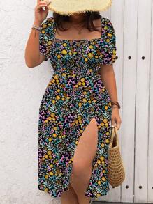 Calvaya 加大码方领碎花系带腰部开衩度假夏季连衣裙长款女装 - 彩色 - 查看 3