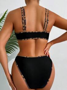 SHEIN Swim 2 件套新款夏季棕色紧身性感优雅派对音乐节休闲度假海滩比基尼女式泳装 - 棕色 - 查看 4