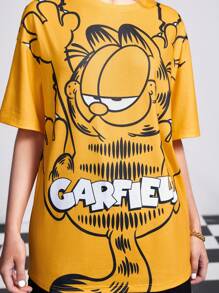 GARFIELD | SHEIN Women's Cute Cartoon Cat & Letter Print Drop Shoulder Short Sleeve T-Shirt - Orange - View 1