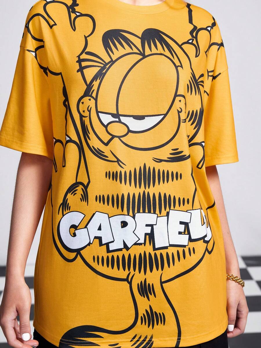 GARFIELD | SHEIN Women's Cute Cartoon Cat & Letter Print Drop Shoulder Short Sleeve T-Shirt - Orange - View 1
