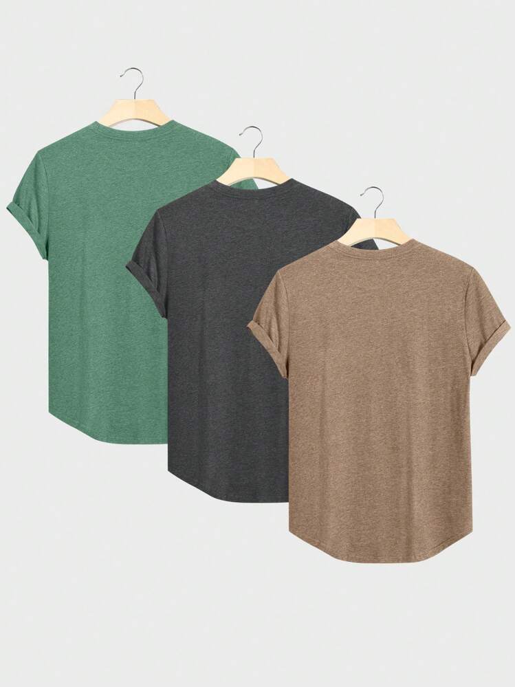 3 قطع تي شيرت رجالي أحادي اللون بهامش منخفض/مرتفع