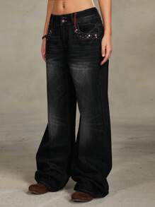 ROMWE Grunge Punk Retro Streetwear Distressed Rivets Design Women Loose Low-Waist Flare Jeans, Black - Black - View 4