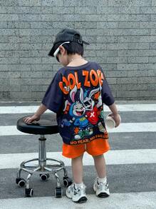 SHEIN Leap Crew 2 Pieces/Set Young Boys Casual Street Fashion Loose Fit Cartoon Graffiti Print Short Sleeve Oversized T-Shirt + Shorts Set, Comfortable For Daily Wear, Sports, Home, Travel, Suitable For Spring/Summer - Orange - View 1