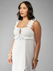 MISSGUIDED PLUS Plus Size Empire Waist Maxi Dress Eyelet Embroidered Summer Beach Vacation Ruffle Strap Side Slit Wedding Guest Sundress - White - View 4