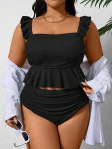 SHEIN Swim Curve Áo bikini hở lưng tối giản cỡ lớn, thời trang cho mùa hè - màu đen - Xem 3