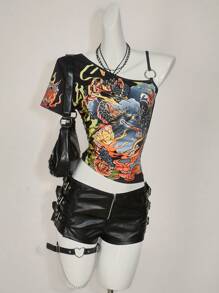 SHEIN ICON 女士 Y2k 外出龙印花不对称领口短袖时尚 T 恤，日常穿着