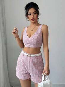 Elenzga Set de 2 piezas de top corto de escote en V color rosa y shorts para mujeres