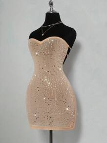 SHEIN ICON Đầm bó sát quyến rũ đính đá Rhinestone dành cho nữ - Màu Khaki - Xem 4