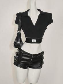 SHEIN ICON Camiseta corta de manga corta sencilla y casual con patchwork