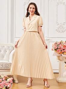 SHEIN 3pcs/Set Elegant Outfit For Teen Girls, White Camisole, Apricot Blazer, And Wide-Leg Pleated Skirt - Khaki - View 5