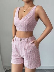 Elenzga Set de 2 piezas de top corto de escote en V color rosa y shorts para mujeres