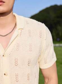 Claim Dot Men's Solid Color Hollow Out Single-Breasted Short Sleeve Knit Top - Multicolor - View 3