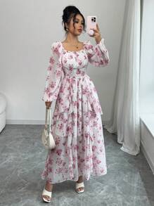 Airlisse Vestido largo fluido con estampado floral diminuto, de manga larga, con estilo francés romántico para primavera y verano