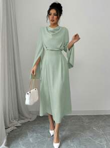 Elenzga Damen elegantes Einfarbiges Kleid mit Glockenärmeln