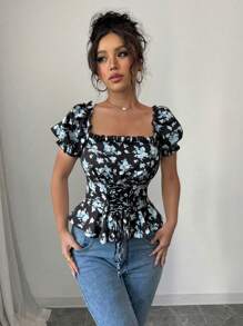 Chiquease Women's Ditsy Floral Square Collar Puff Sleeve Ruffled Tie Waist Shirt - Black - View 7