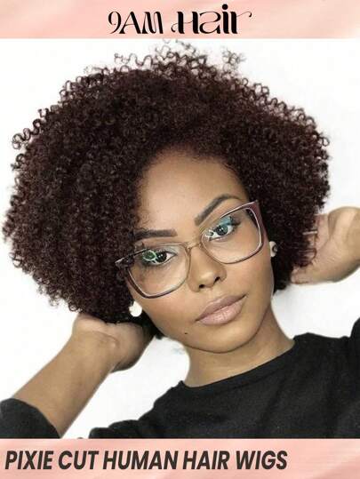 Peluca de cabello humano corto y rizado con corte de duendecillo 2 # Peluca de reemplazo de cabello asequible real Peluca de uso diario barata para uso amigable para principiantes color marrón oscuro