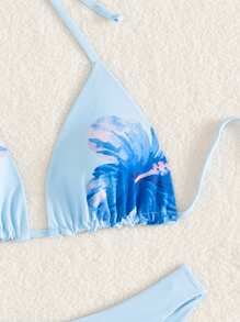 Swim Mod Conjunto de top halter sin espalda con estampado multicolor y Bottom de bikini estampada lindo para vacaciones de primavera - Multicolor - Ver 7
