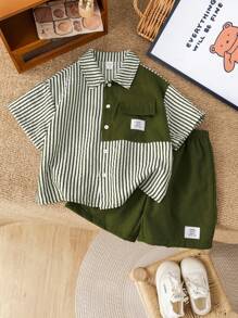 SHEIN 2pcs/Set Young Boys Comfortable Daily Versatile Loose Fit Korean Fashion Stripe Shirt And Contrast Shorts Set, Suitable For Spring/Summer, For Daily, Sports, Outings, School, Parties, Holidays, Photoshoots, Back-To-School