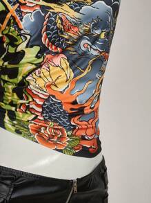 SHEIN ICON 女士 Y2k 外出龙印花不对称领口短袖时尚 T 恤，日常穿着