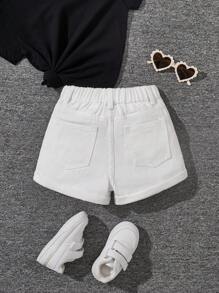 SHEIN Young Girl' Casual Versatile Wide Leg Loose Distressed Cuffed Denim Shorts, School, Campus, College - White - View 2