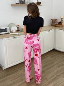 Conjunto de pijama de mujer con estampado romántico de corazón y labios