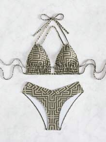 Swim Chiccia 2 件套女士条纹印花绷带褶皱泳衣