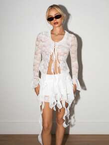 SHEIN ICON 2 件套蕾丝透视长袖上衣和低腰半身裙，带水母褶边套装，波西米亚风度假狂欢装，优雅度假装，女士休闲婚礼宾客装 - 白色 - 查看 1