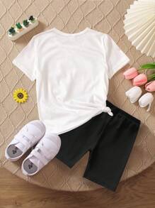 SHEIN 2pcs/Set Girls Young Girl Casual Letter, Wave & Palm Tree Print Round Neck Short Sleeve T-Shirt And Bike Shorts Set, Summer Beach Vacation Outfit, Girl Gift - Multicolor - View 2