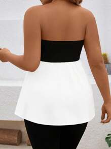 SHEIN Clasi Plus Size Women Contrast Color Strapless Top - Black and White - View 2