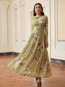 ZEYLAH 女士花卉印花网眼圆领长袖荷叶边优雅针织连衣裙 - 綠色 - 查看 8