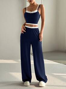 Flirla 2pcs/Set American Style Casual Sports Grey 2 In 1 Racerback Tank Top And Mid-Waist Floral Print Pants Set For Women, Summer