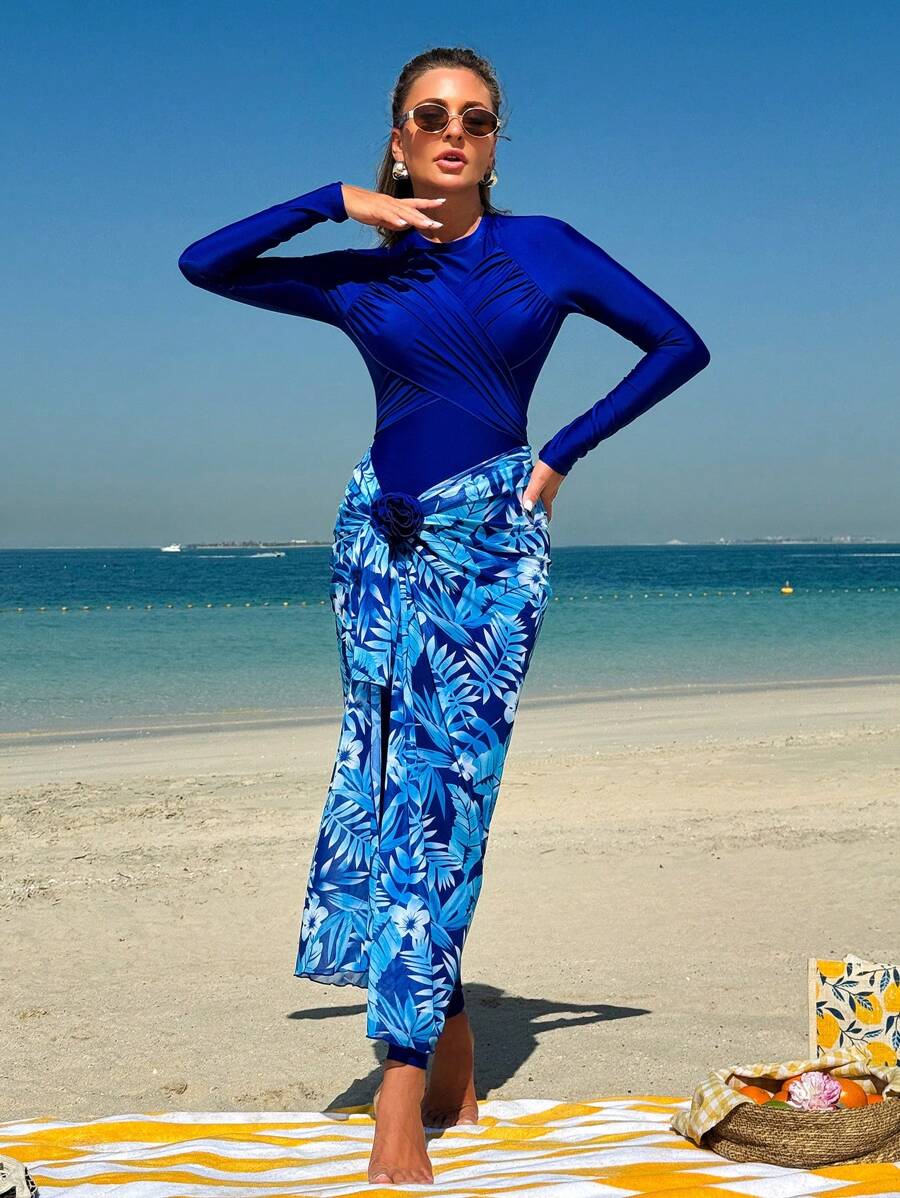 Swim Mulvari Modest Middle East Style Printed 3-Piece Swimsuit Set For Women, Tankini Style, Beach Outfits For Summer Beach Vacation - Multicolor - View 1