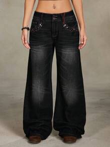 ROMWE Grunge Punk Retro Streetwear Distressed Rivets Design Women Loose Low-Waist Flare Jeans, Black - Black - View 7