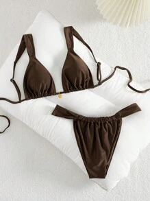 Glamine 2 piezas Conjunto de bikini con brillo perlado y decoración metálica, elegante con tirantes ajustables, sin cables, de estilo sencillo para mujeres