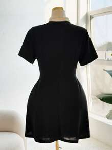 Flirla Plus Size Sexy Deep V-Neck Rhinestone Bow Decor Waist Fitted Dress Elegant Exquisite Mini - Black - View 2