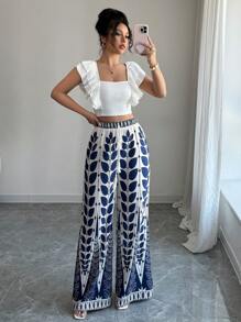 Elenzga Conjunto de dos piezas de mujer de estilo elegante y de vacaciones, con parte superior corta de cuello cuadrado con diseño de mangas con volantes y pantalones holgados de pierna ancha con estampado de estilo bohemio, para primavera/verano