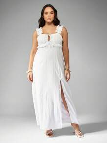 MISSGUIDED PLUS Plus Size Empire Waist Maxi Dress Eyelet Embroidered Summer Beach Vacation Ruffle Strap Side Slit Wedding Guest Sundress - White - View 1