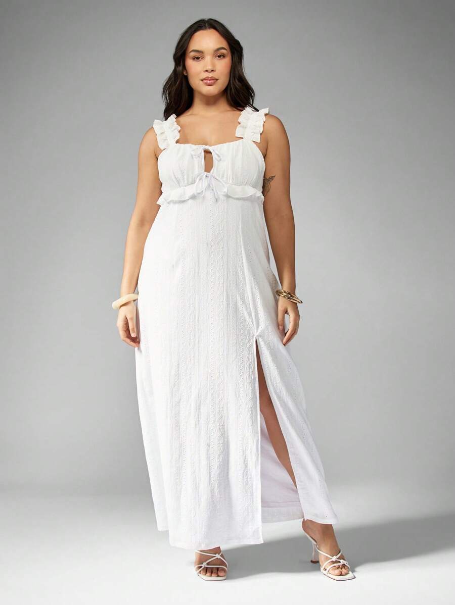 MISSGUIDED PLUS Plus Size Empire Waist Maxi Dress Eyelet Embroidered Summer Beach Vacation Ruffle Strap Side Slit Wedding Guest Sundress - White - View 1