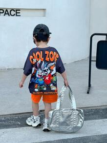 SHEIN Leap Crew 2 Pieces/Set Young Boys Casual Street Fashion Loose Fit Cartoon Graffiti Print Short Sleeve Oversized T-Shirt + Shorts Set, Comfortable For Daily Wear, Sports, Home, Travel, Suitable For Spring/Summer - Orange - View 5