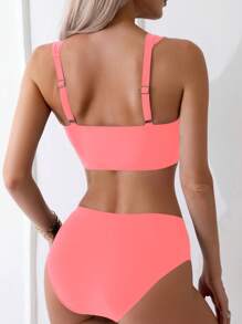 SHEIN Swim 纯色比基尼泳装 - 珊瑚粉 - 查看 4