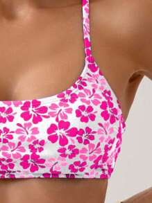 SHEIN Swim Women's Swimwear Set, Printed Tankini, Wireless For Summer Beach Vacation - Hot Pink - View 3