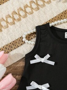 Infant/Toddler Cute Round Neck Ribbed Floral Lace Bow Accent Tank Top - Black - View 4