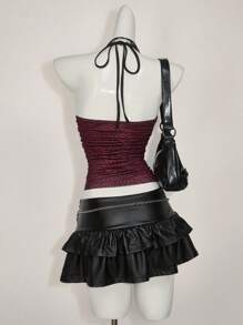 SHEIN ICON 女士夏季性感外出豹纹褶皱修身时尚露背吊带背心可爱夏季上衣，狂野上衣 - 紅色 - 查看 11