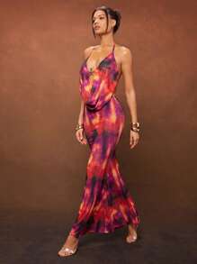 Hauture Plunging Top With Neck Tie And Ornament And Maxi Skirt Matching Set