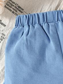 1pc Girls Casual Chic Denim Shorts With Bow, Blue Washed Fabric, Spring/Summer New Arrival