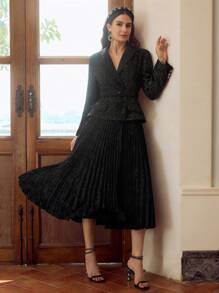 ZEYLAH Black Chunky Tweed, Gold Sequin Decorated, Ruffled Hemline, Chiffon Floral Jacquard Mid-Length Women Dress - Black - View 3