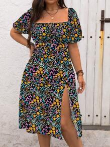 Calvaya 加大码方领碎花系带腰部开衩度假夏季连衣裙长款女装 - 彩色 - 查看 1