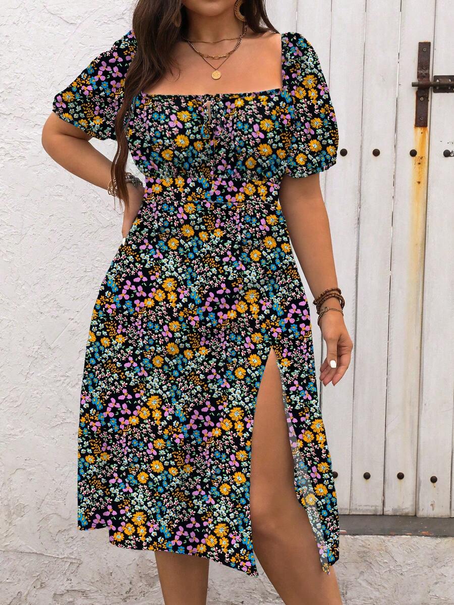 Calvaya 加大码方领碎花系带腰部开衩度假夏季连衣裙长款女装 - 彩色 - 查看 1