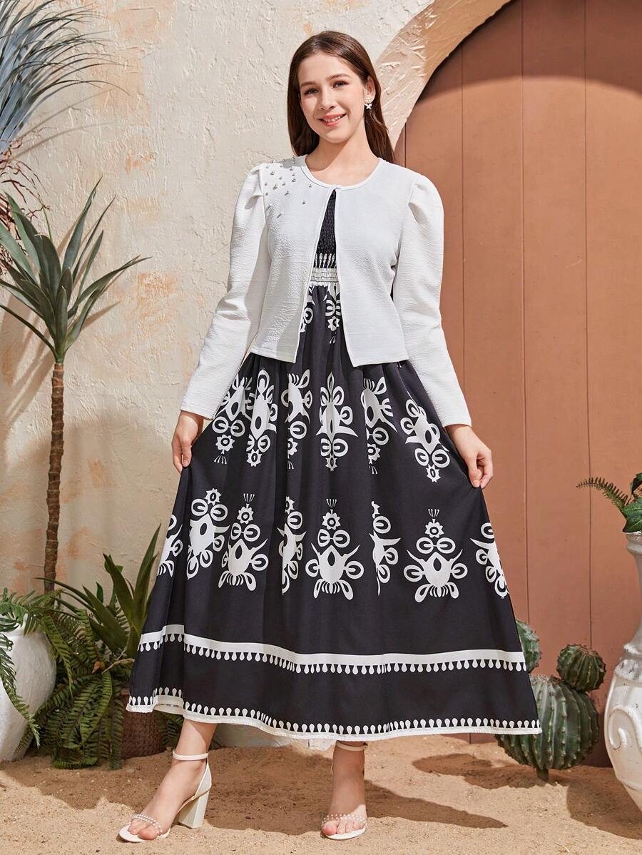 Teen Girl 2 Pieces Set: Elegant Woven Wide Strap High-Low Floral Dress & Textured Knit Crew Neck Puff Sleeve Cropped Jacket, For Spring/Autumn Outer Wear, Summer Air Conditioning,Holiday,Summer,Travel